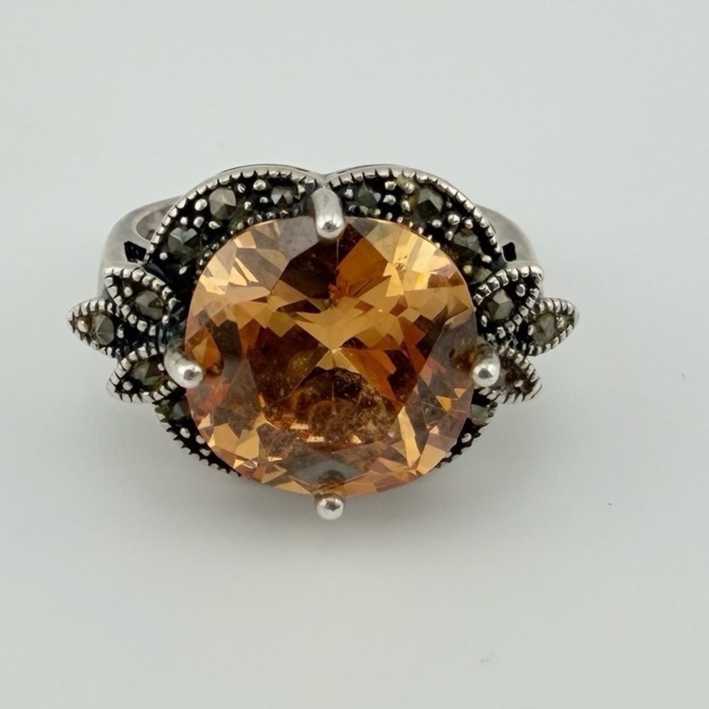 Vintage SM Sterling Silver Marcasite Peach Cocktail Ring Size 8.75 Art Deco